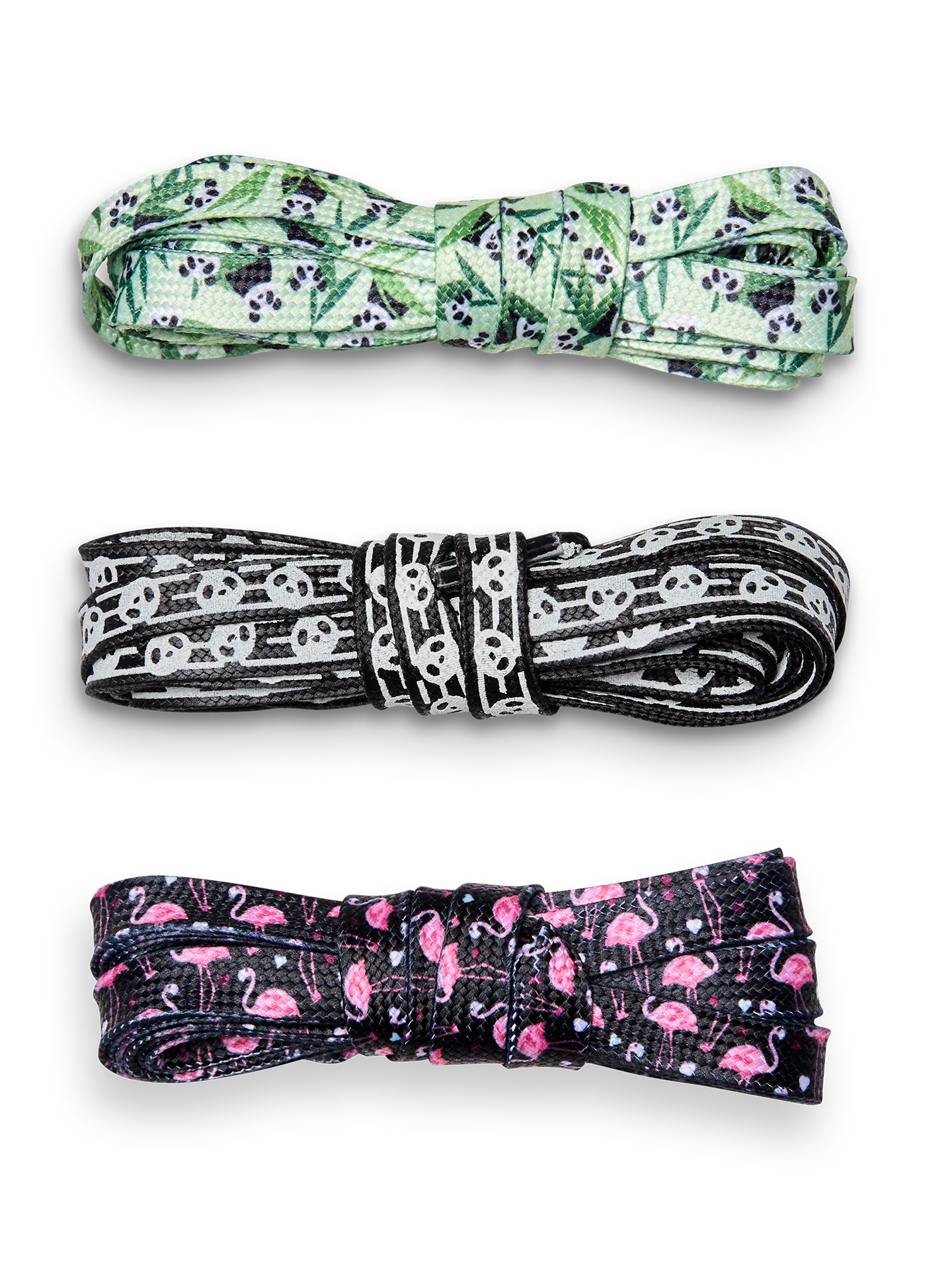 Cordones alegres, 3 uds., Pandas y flamencos