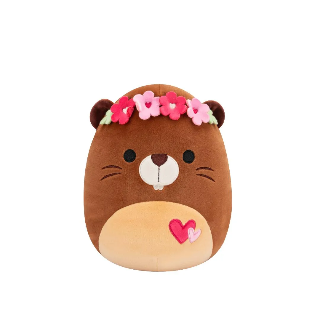 Squishmallows Chip la Castor Marrón con Corona de Flores y Corazones, 20 cm