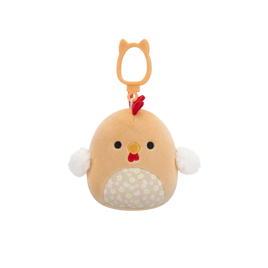 Squishmallows Clip-On Rutie el Gallo Marrón con Barriga de Flores, 9 cm
