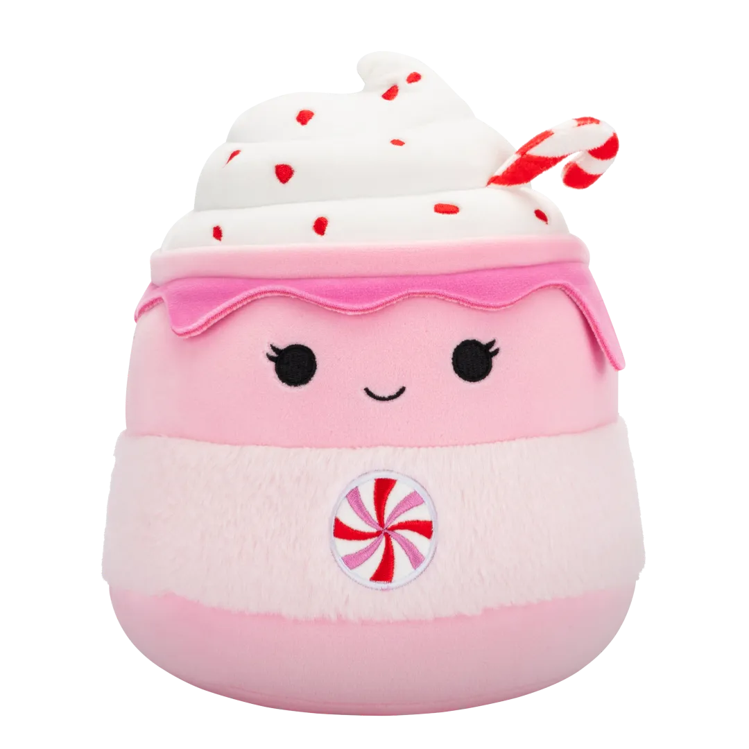 Squishmallows Ethel la Taza de Chocolate Caliente Rosa con Bastón de Caramelo, 20 cm