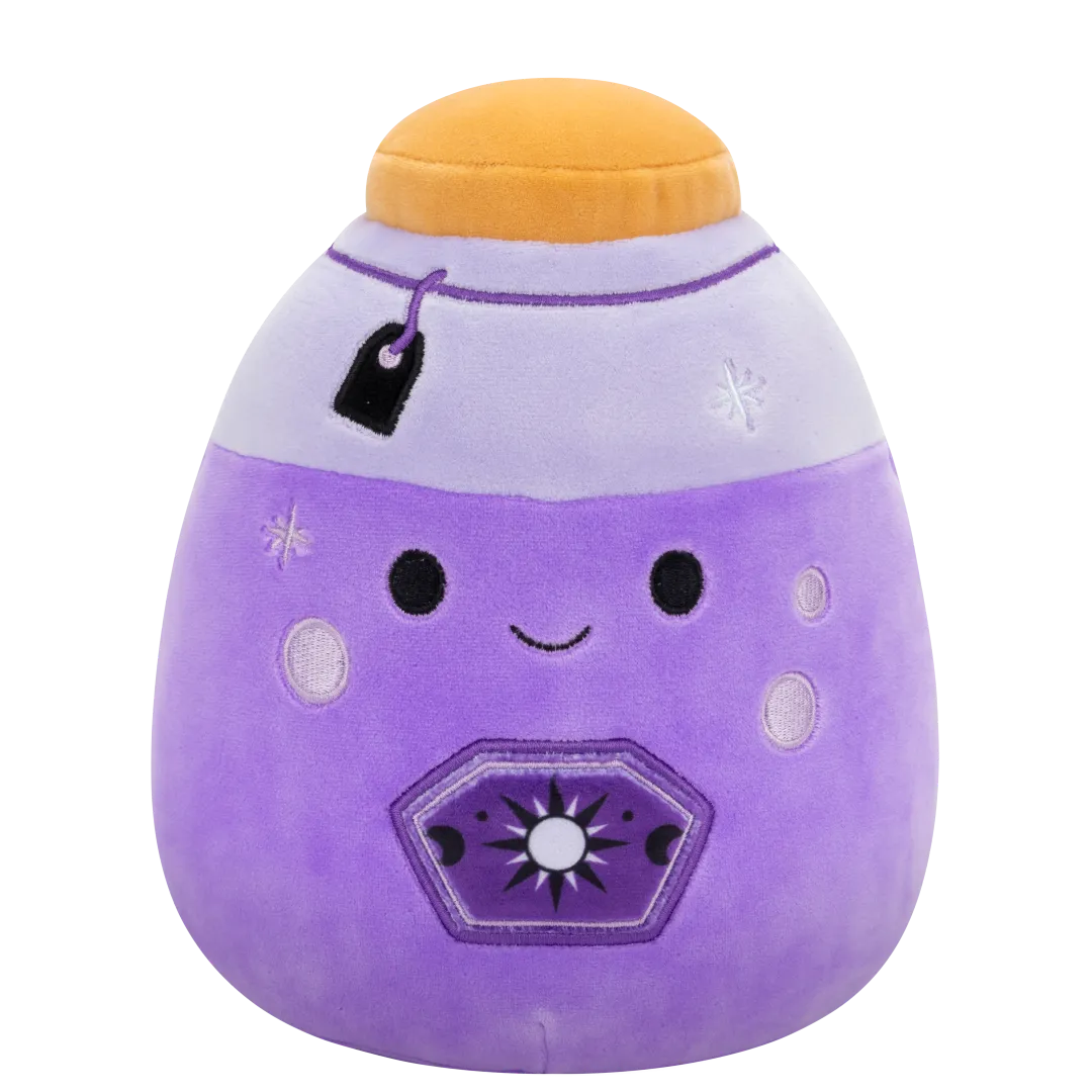 Squishmallows Kensington, la Botella de Poción Violeta Fluorescente con Etiqueta, 20 cm